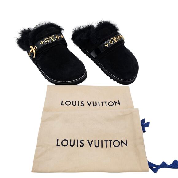 Louis Vuitton Winterbreak Black Suede Fur Lined Slip On Clog Mule Size 36 US 6 - Picture 2 of 10